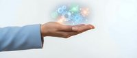 Professional hand presenting holographic digital network with glowing connections and data visualization for modern technology presentations.