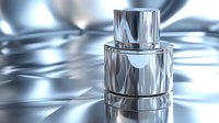 Luxury metallic silver perfume bottle on reflective surface with soft lighting effects and blurred background, elegant cosmetic product presentation for fragrance marketing.