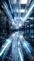 Abstract digital data stream with blue light rays and binary code flowing through futuristic cyber tunnel for technology presentations and web design.