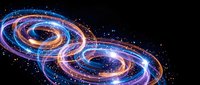 Abstract cosmic energy spiral with glowing blue and orange light trails creating infinity symbol pattern against starry space background for digital art.