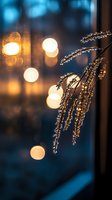 Delicate frost-covered branch with sparkling ice crystals against warm bokeh lights creating magical winter atmosphere for seasonal designs and holiday projects.