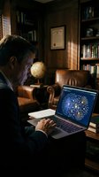 Middle-aged man in business attire working on laptop displaying data visualization in traditional library office with leather furniture and bookshelves, suitable for technology and business concepts.