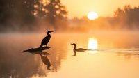 Silhouetted cormorants on misty lake at sunrise with golden sunlight reflecting on water, creating atmospheric wildlife scene for nature and outdoor projects.
