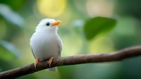 White exotic bird with orange beak perched on branch against soft green bokeh background, displaying peaceful nature scene for wildlife photography and decor.