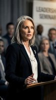 Confident mature businesswoman with gray hair speaking at podium during corporate conference with audience in background for leadership presentations.
