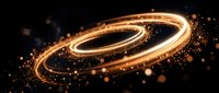 Golden light trails forming dynamic spiral rings with glowing particles and sparks on dark background for motion graphics and digital art projects.