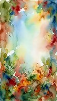 Vibrant watercolor background with flowing rainbow hues, botanical elements, and organic paint splashes creating an artistic, colorful frame perfect for design projects.
