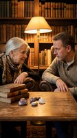 Elderly Caucasian woman and middle-aged Caucasian man having intimate conversation in cozy library setting with vintage books and warm lamp lighting.