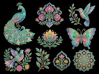 Colorful embroidery-style clipart set with peacock, hummingbird, butterfly, bird, flowers, and mandala, isolated on transparent background, ready for t-shirt design and print on demand.