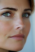 Close-up portrait showing bright green eyes, natural makeup, and flawless skin texture. Soft lighting emphasizes facial features and creates gentle shadows.