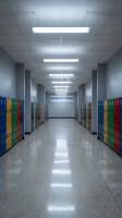 Empty school hallway with colorful lockers and fluorescent lighting creating bright educational corridor atmosphere for back to school concepts.