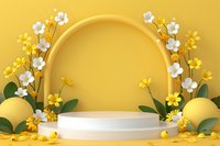 Round white podium with yellow and white flowers on yellow background. Floral arch frame surrounds product display platform. Spring botanical decorative composition.