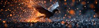 Majestic eagle soaring through glowing orange sparks and embers against dark background, dramatic lighting creates mystical atmosphere in panoramic composition.