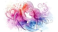 Romantic couple embracing in watercolor style with hearts and decorative swirls, love and affection concept for Valentine's Day greeting cards and wedding designs.