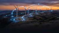 Wind turbines with glowing energy trails at sunset showcasing renewable power generation and sustainable technology for environmental concepts.