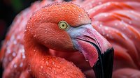 Close up portrait of pink flamingo head with water drops on feathers showing detailed beak, yellow eye and vibrant coral plumage in natural environment.