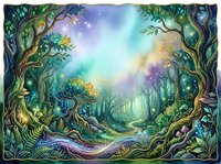 Enchanted forest pathway with glowing magical light, mystical woodland scene with ancient trees and ethereal atmosphere for fantasy art, book illustrations, and creative design projects.