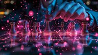 Chess pieces on reflective surface with glowing pink and blue lights creating magical atmosphere, hand moving queen piece in strategic gameplay moment.