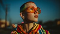 Young woman with short blonde hair and orange glasses gazing upward at sunset, wearing colorful striped hoodie against blue twilight sky with bokeh lights.
