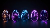Glowing cosmic eggs with mystical energy patterns in orange, purple, and blue colors arranged in row on dark reflective surface, magical fantasy concept.
