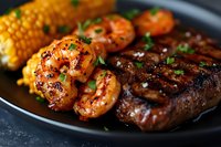 Grilled steak and spicy shrimp surf and turf dinner served with corn on black plate, garnished with fresh herbs, close up view of juicy meat and seafood.