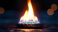 Bright blue and orange gas flame burning on stove burner against dark background with bokeh lights, macro close up view of kitchen cooktop fire.