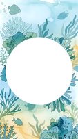 Watercolor underwater scene with coral reef, seaweed and fish surrounding white circle frame for text or logo placement on aquatic marine background.
