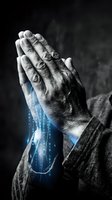 Elderly hands in prayer position with glowing digital binary code stream, spiritual technology concept for faith and innovation in modern world.