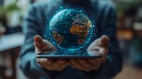 Digital hologram of glowing blue Earth with network connections floating above hands, showing global connectivity and technological advancement in dark setting.