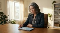 Professional mature businesswoman working on tablet in modern home office with natural lighting and plants creating productive workspace atmosphere.