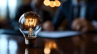Glowing vintage filament light bulb with warm illumination against dark blurred background, capturing creative inspiration and innovation concept.