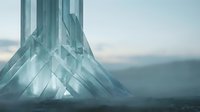 Modern futuristic glass tower structure with geometric architectural design against misty mountain landscape, suitable for corporate branding and contemporary design projects.