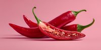 Fresh red chili peppers with green stems on pink background, spicy hot peppers for cooking and culinary use in kitchen recipes and food preparation.