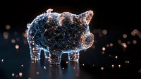Glowing wireframe piggy bank with digital network connections on dark background, symbolizing fintech savings and financial technology.