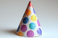 Festive party cone hat with colorful polka dot pattern on white background. Bright spots in blue, orange, yellow and purple create playful celebration design.