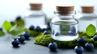Natural skincare serum in glass bottle with cork surrounded by fresh blueberries and green moss for organic beauty and wellness treatments.