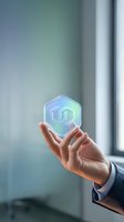 Businessman hand holding holographic hexagonal digital icon with geometric pattern in modern office environment for technology and innovation concepts.