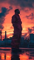 Industrial worker silhouetted against dramatic orange sunset sky with factory buildings in background, standing in reflective wet surface creating mirror effect.