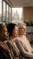 Diverse group of three mature women gazing out floor-to-ceiling windows at urban skyline from high-rise office, representing teamwork, leadership and professional collaboration in modern workplace setting.