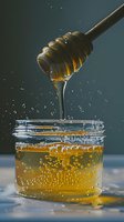 Golden honey dripping from wooden dipper into glass jar with bubbles and splashes against dark background, captured in dramatic macro photography.