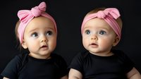 Twin baby girls wearing black t-shirts and pink headbands with bows look up with wonder against dark background, capturing pure childhood innocence and curiosity.