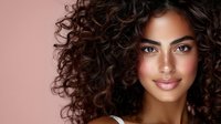 Young mixed-race woman with voluminous curly hair and natural makeup against soft pink background for beauty and lifestyle concepts.