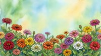 Watercolor garden border with colorful zinnias in red, orange, pink, purple and white on soft green and yellow background.