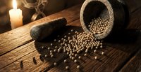 Rustic wooden mortar and pestle with scattered white peppercorns on aged wood surface, warm candlelight creating cozy kitchen atmosphere for cooking content.