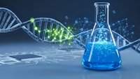 Laboratory flask with blue liquid and DNA helix structure representing genetic research and biotechnology innovation in modern science.