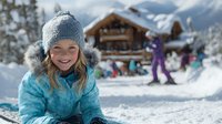 Young blonde girl in winter clothing smiling while lying in snow at ski resort with wooden chalet and skiers in background during sunny winter day.