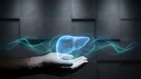 Human hand presenting glowing liver organ with flowing energy waves for medical healthcare and anatomy education concepts.