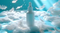 Ethereal white feathers floating around cosmetic dropper bottle against dreamy turquoise sky and clouds background, creating magical skincare atmosphere.