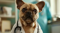 French bulldog wearing white medical coat and stethoscope looking at camera with serious expression in veterinary clinic setting. Professional pet healthcare concept.