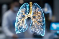 Glowing translucent human lungs with bronchial tree illuminated from within against dark background, showing detailed respiratory system anatomy in blue light.